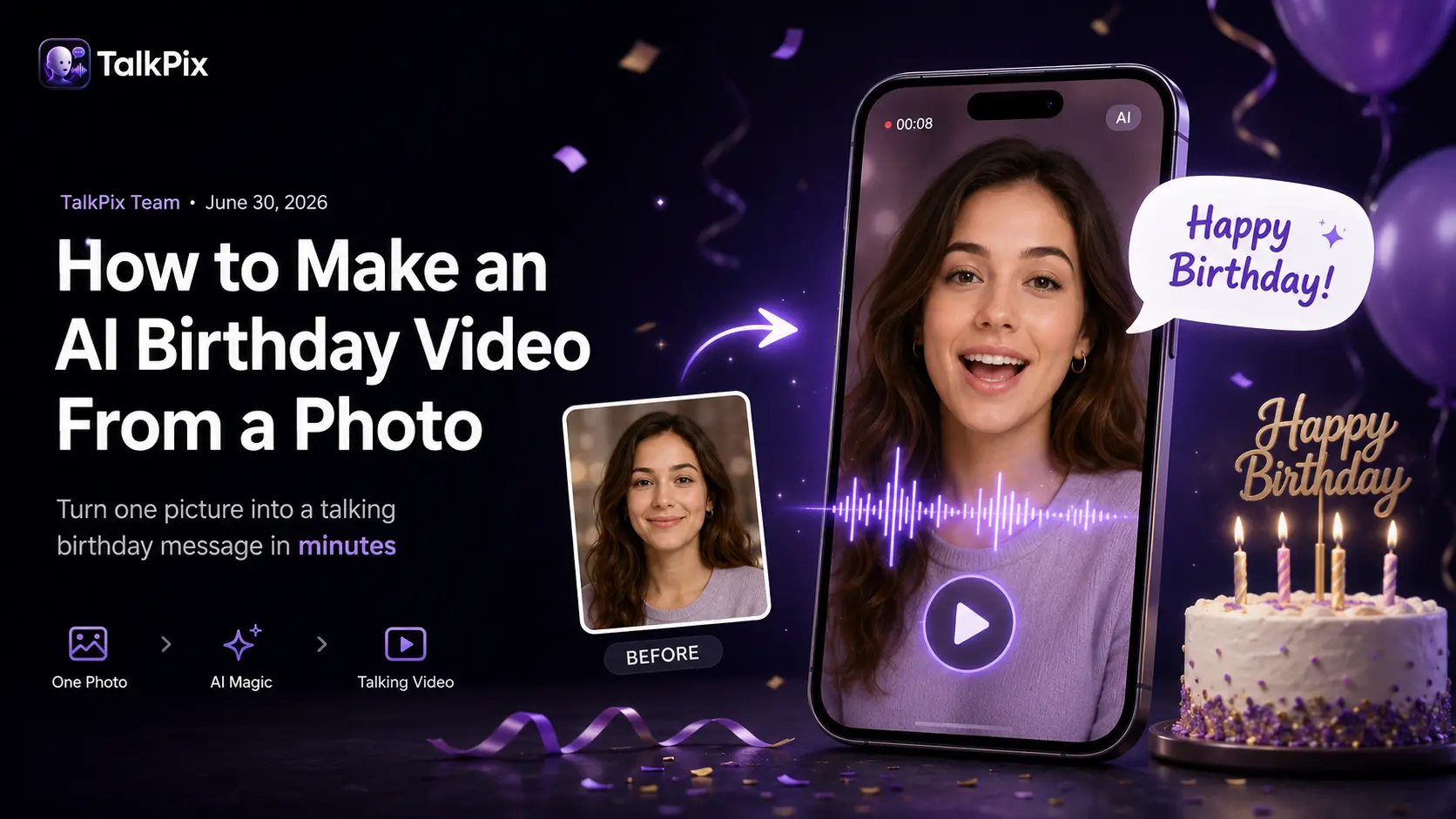 An AI birthday video made from one photo — a portrait wishing happy birthday in TalkPix