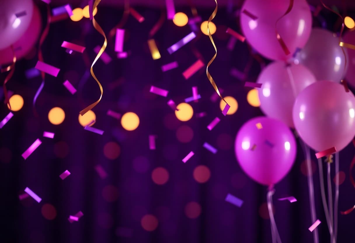 A phone showing a birthday video made from a single photo, surrounded by party decorations