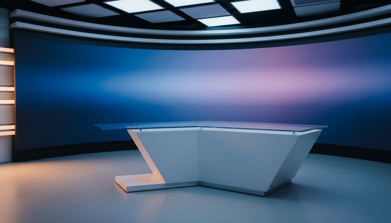 A professional news anchor at a modern news desk with softly blurred studio screens behind