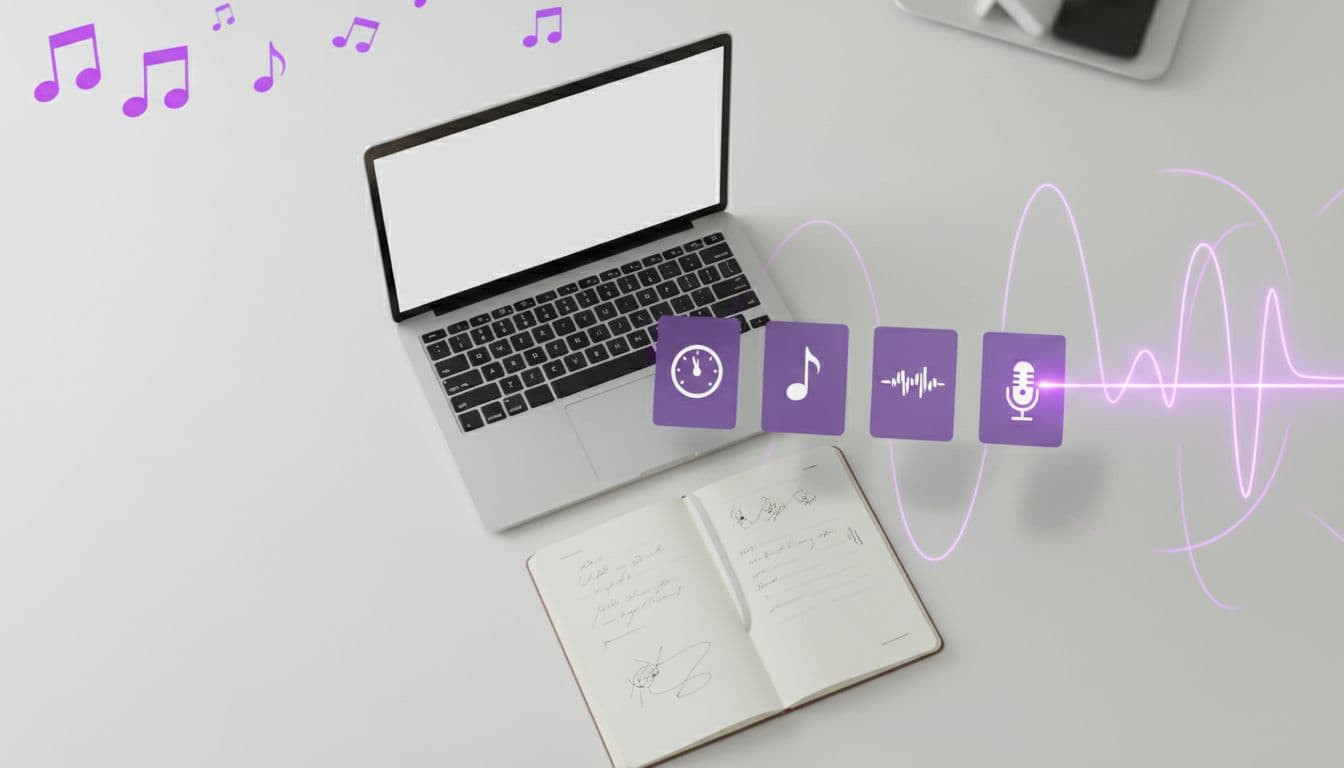 Prompt cards on a desk feeding into a glowing violet audio waveform