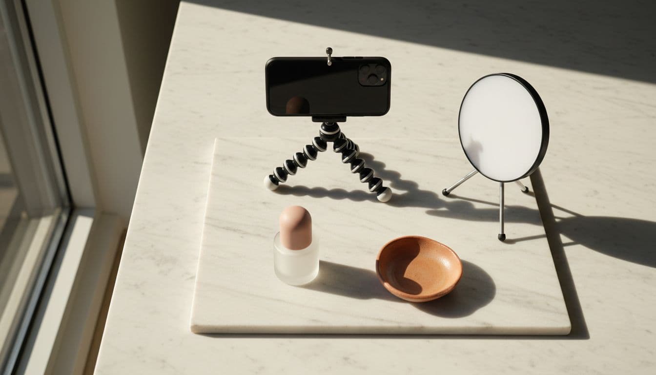 An overhead view of a phone on a small tripod, a ring light, and a cosmetic bottle arranged on a marble surface in daylight