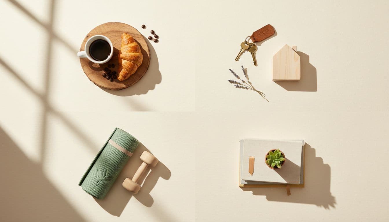 A bright overhead flat-lay in four quadrants — coffee and a croissant, house keys with a small wooden house, a rolled yoga mat with a dumbbell, and books with a succulent — in warm daylight