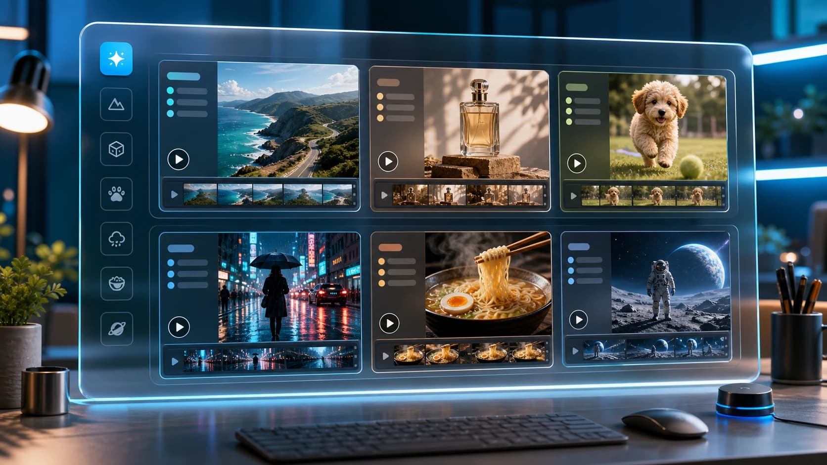A grid of AI video prompt examples becoming cinematic scene thumbnails