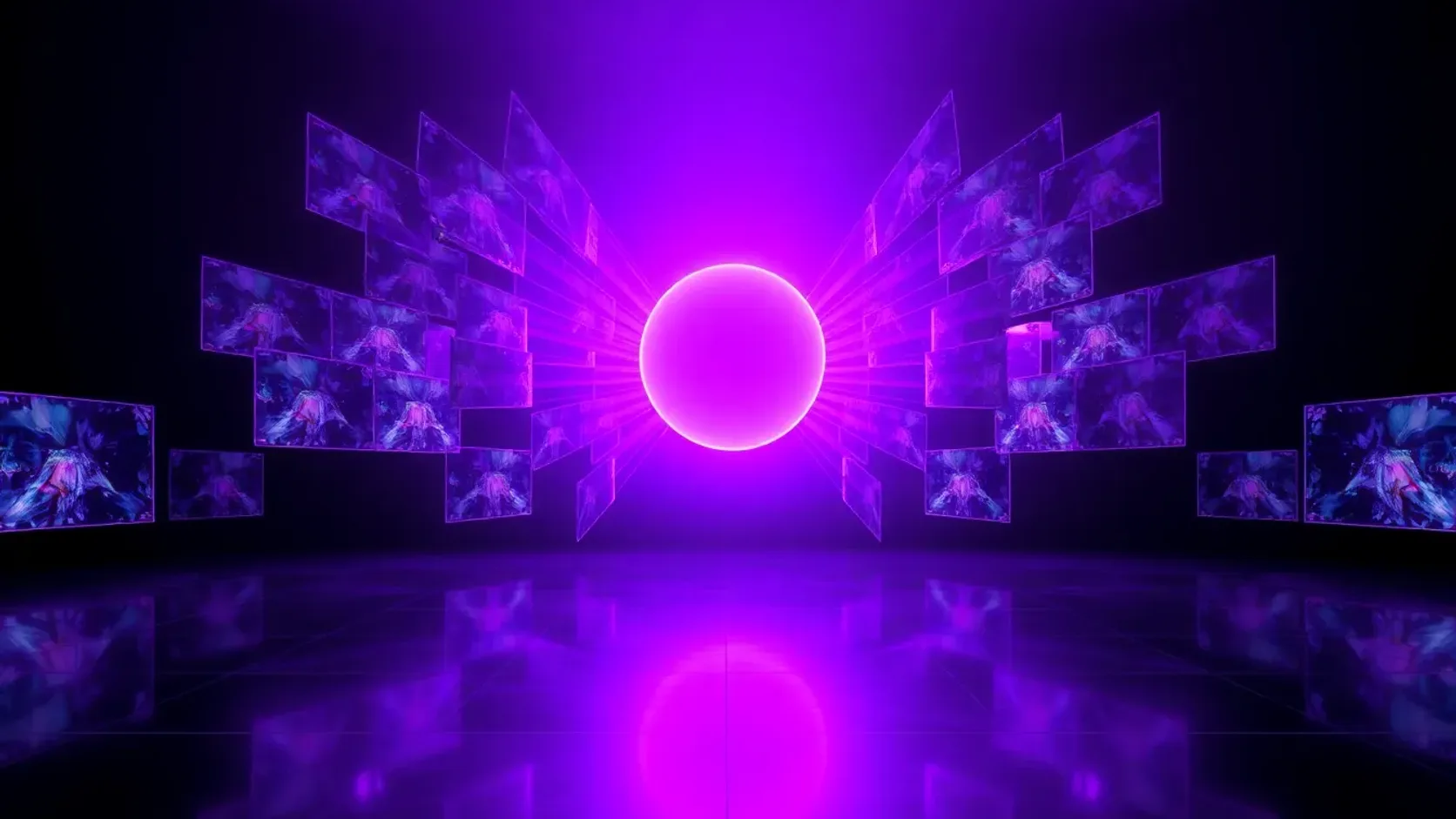Pay-once AI video ad tool concept — a single glowing orb releasing many video panels, no subscription, dark violet studio.