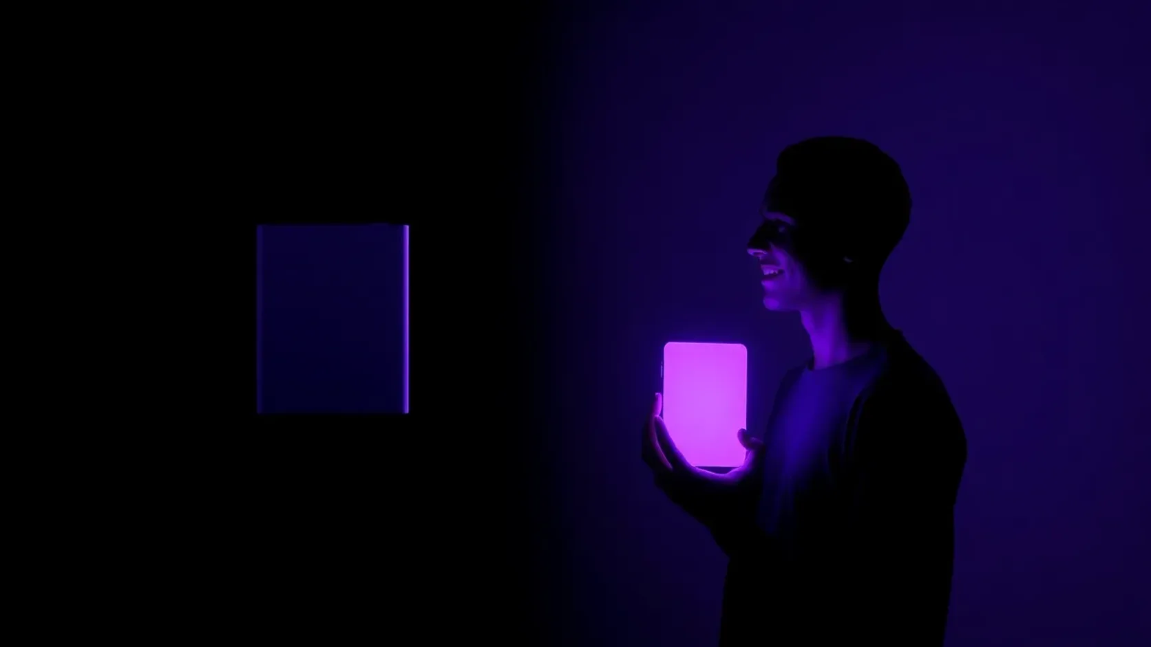 Billo alternative concept — a product photo becoming a UGC-style talking video ad presenter, glowing violet, no filming needed.