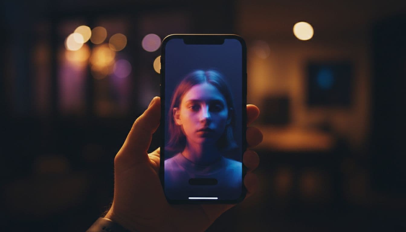 A smartphone playing a vertical video of a talking portrait with a subtitle bar visible at the bottom