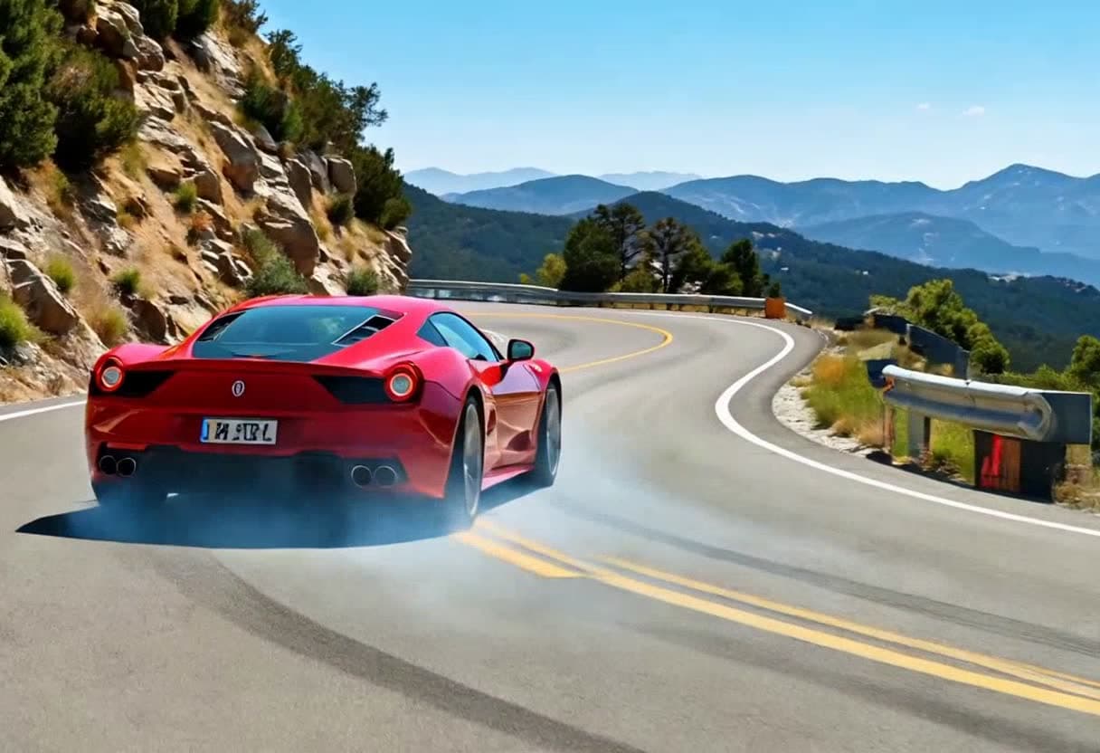A red sports car drifting on a mountain road, a frame from a Seedance 1.0 Pro Fast clip