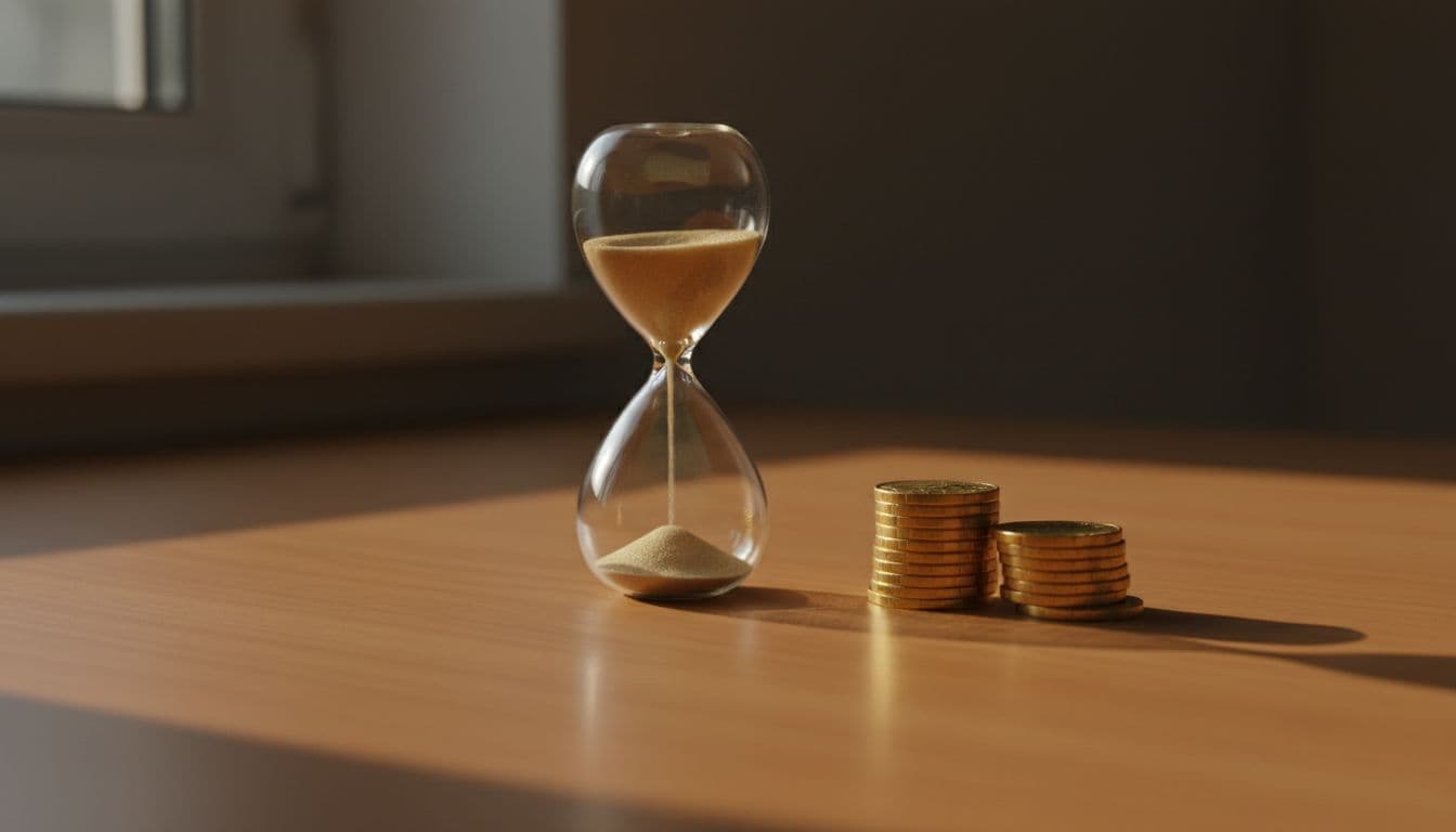An hourglass with sand running out next to a stack of coins on a desk, warm moody lighting