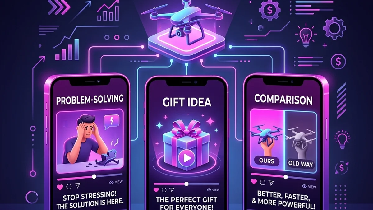 Three smartphones testing problem, gift, and comparison angles for a dropshipping drone ad