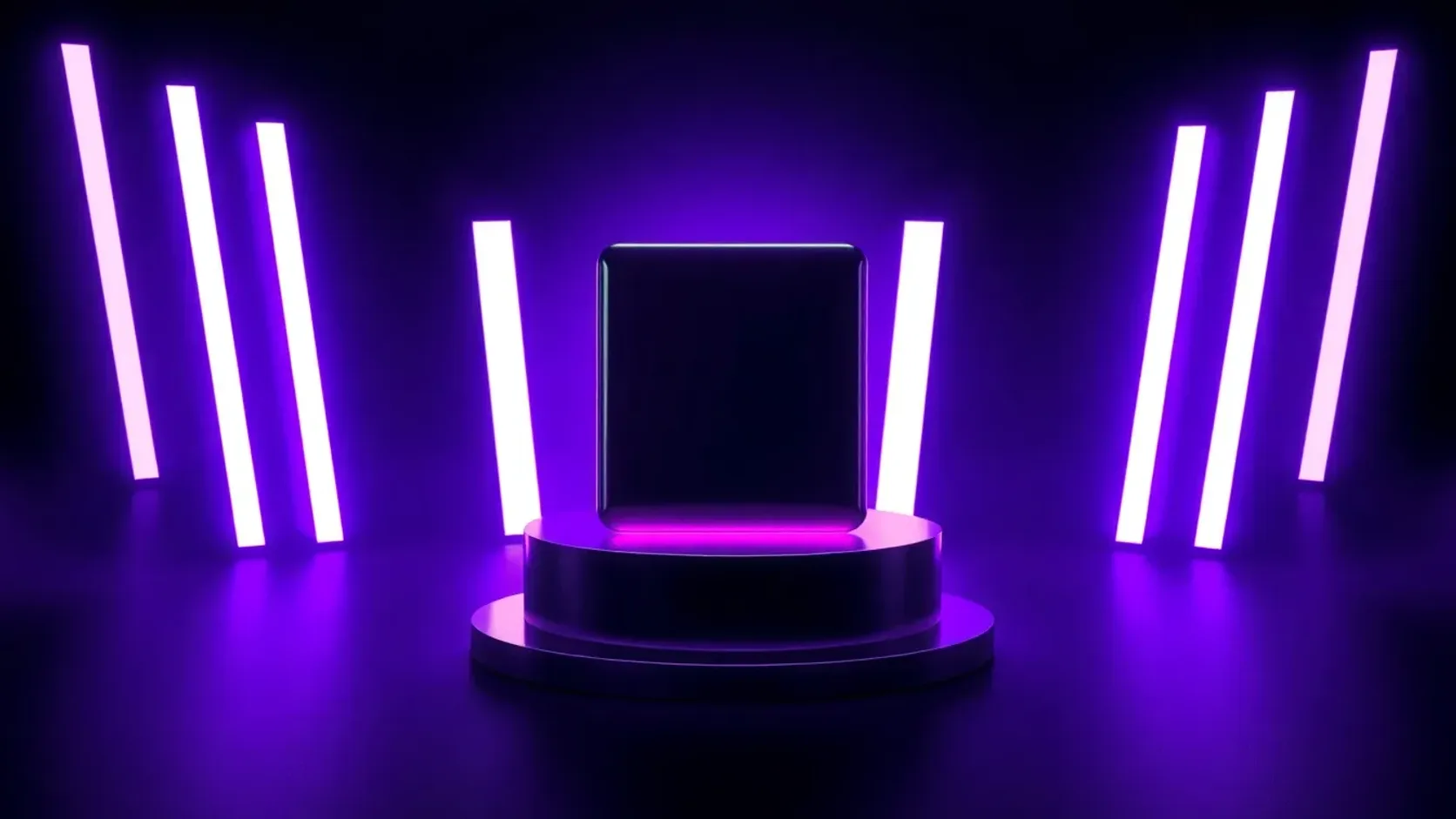 Facebook video ad creative generated from a product photo — glowing vertical video panels rising from a product in a dark violet studio.