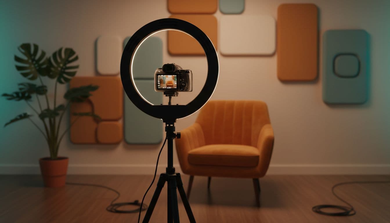 A softly lit home studio desk with a ring light and camera pointed at an empty chair