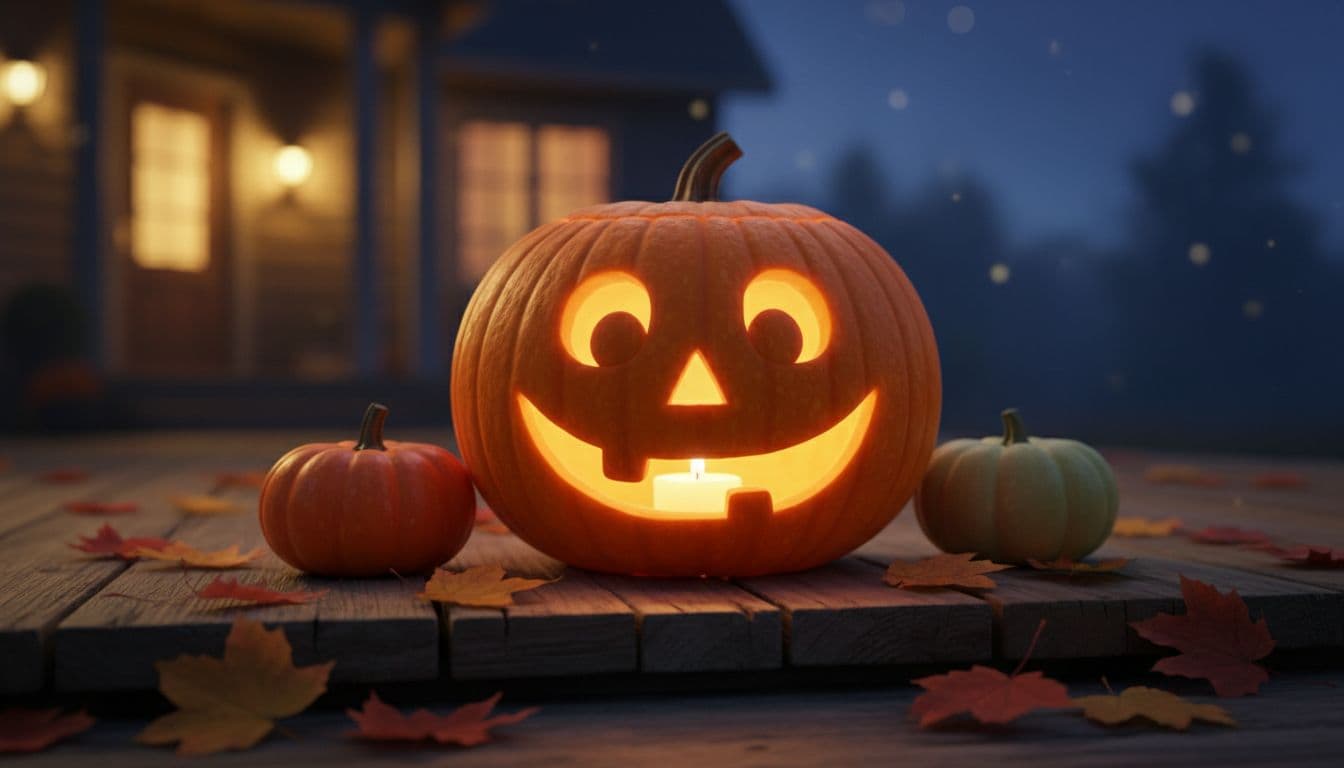 A glowing carved jack-o'-lantern with an expressive face on a porch at dusk