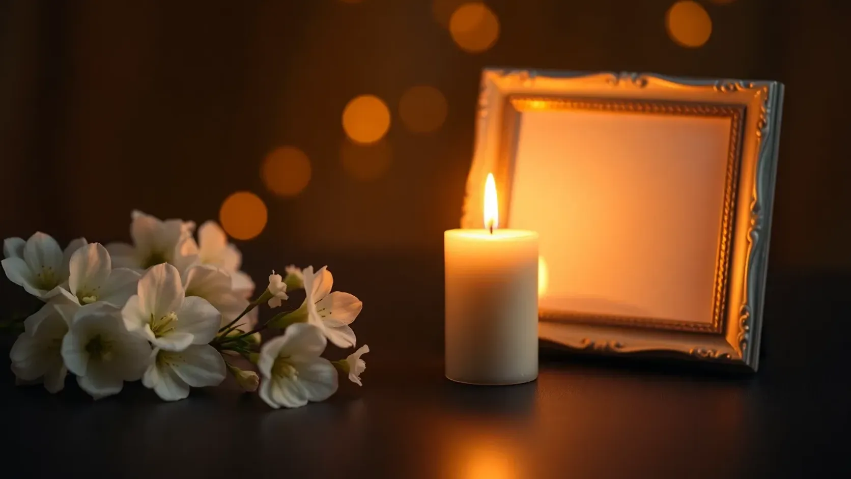 A lit candle and soft flowers beside an empty photo frame — a gentle happy-birthday-in-heaven remembrance, warm dignified light.