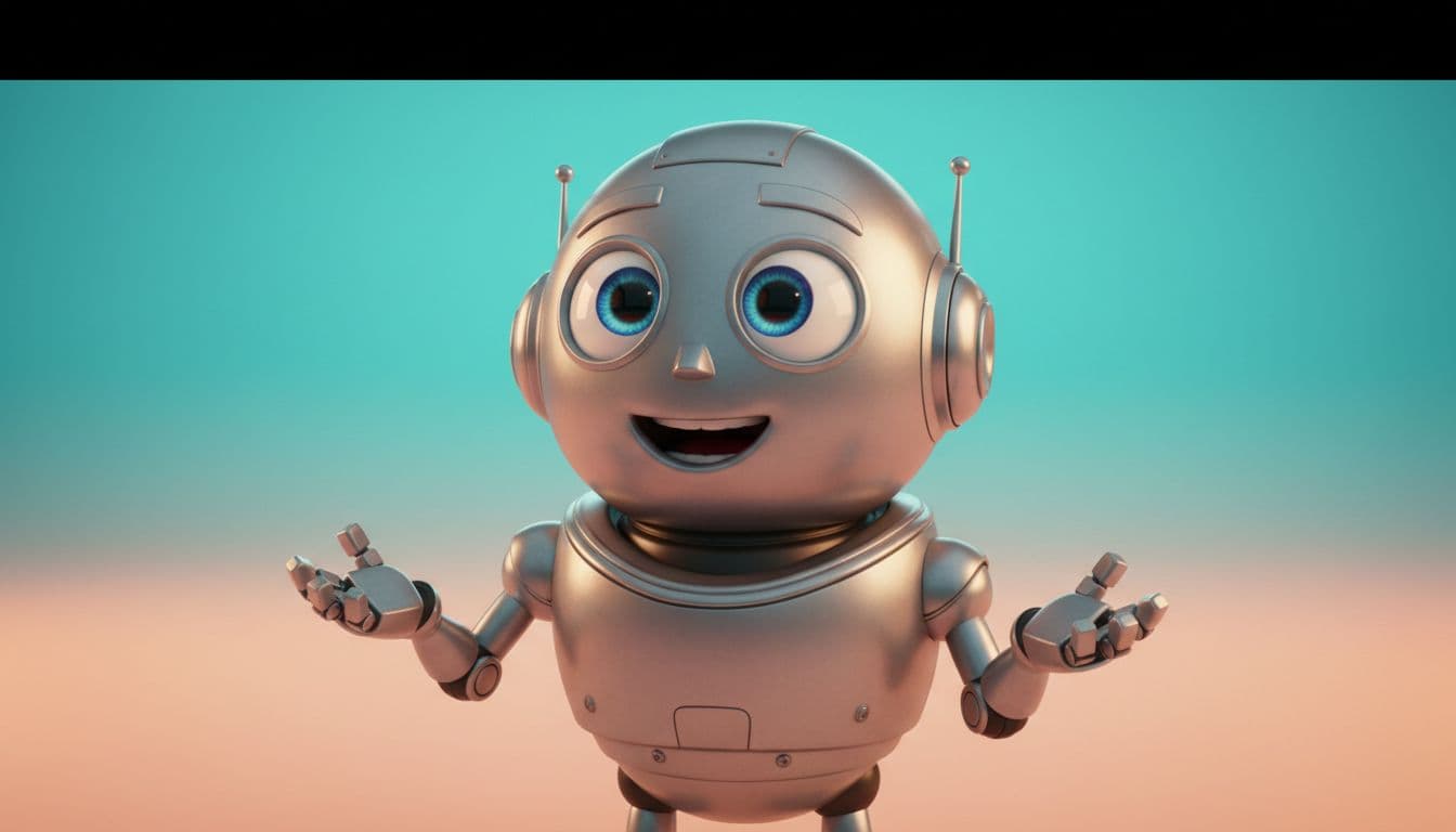 A friendly 3D animated cartoon robot character with big expressive eyes, mid-speech