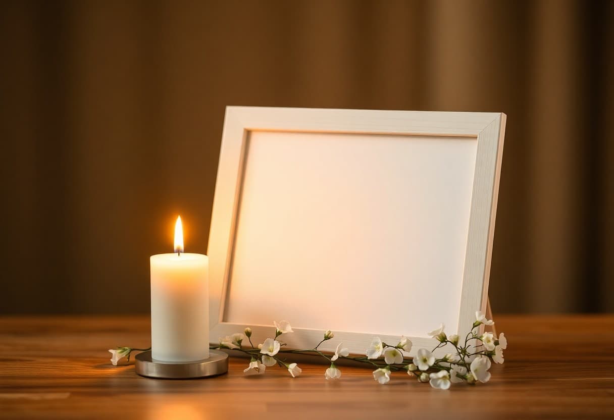 A framed photograph on a table with soft candlelight, ready to become a tribute video