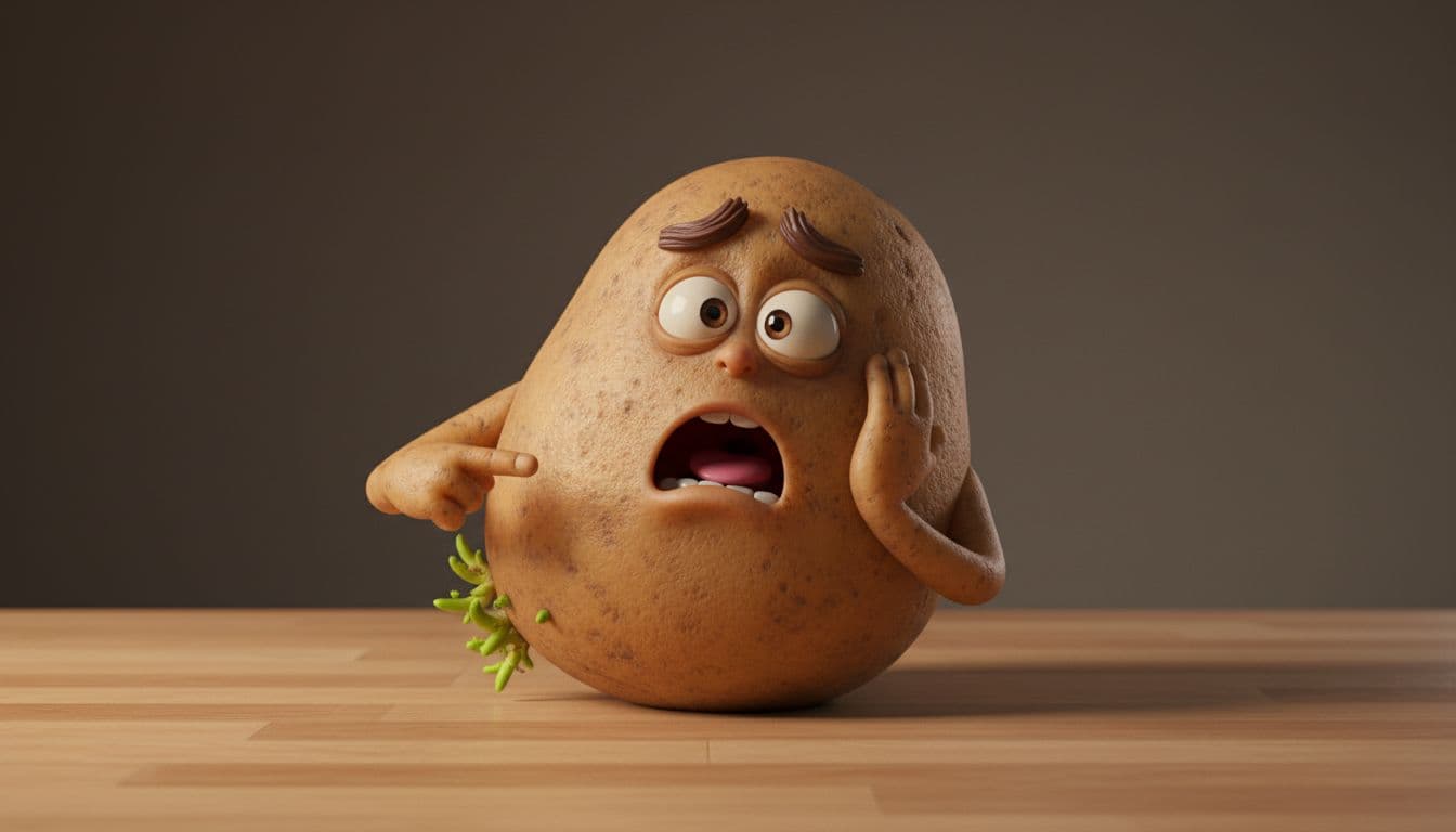 A 3D animated anthropomorphic potato gasping in alarm at the green sprouts on its skin