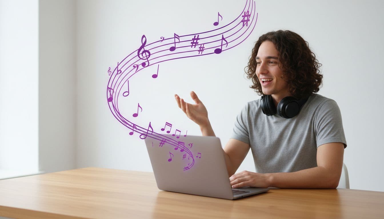 A person describing a song idea at a laptop as musical notes flow out of the screen