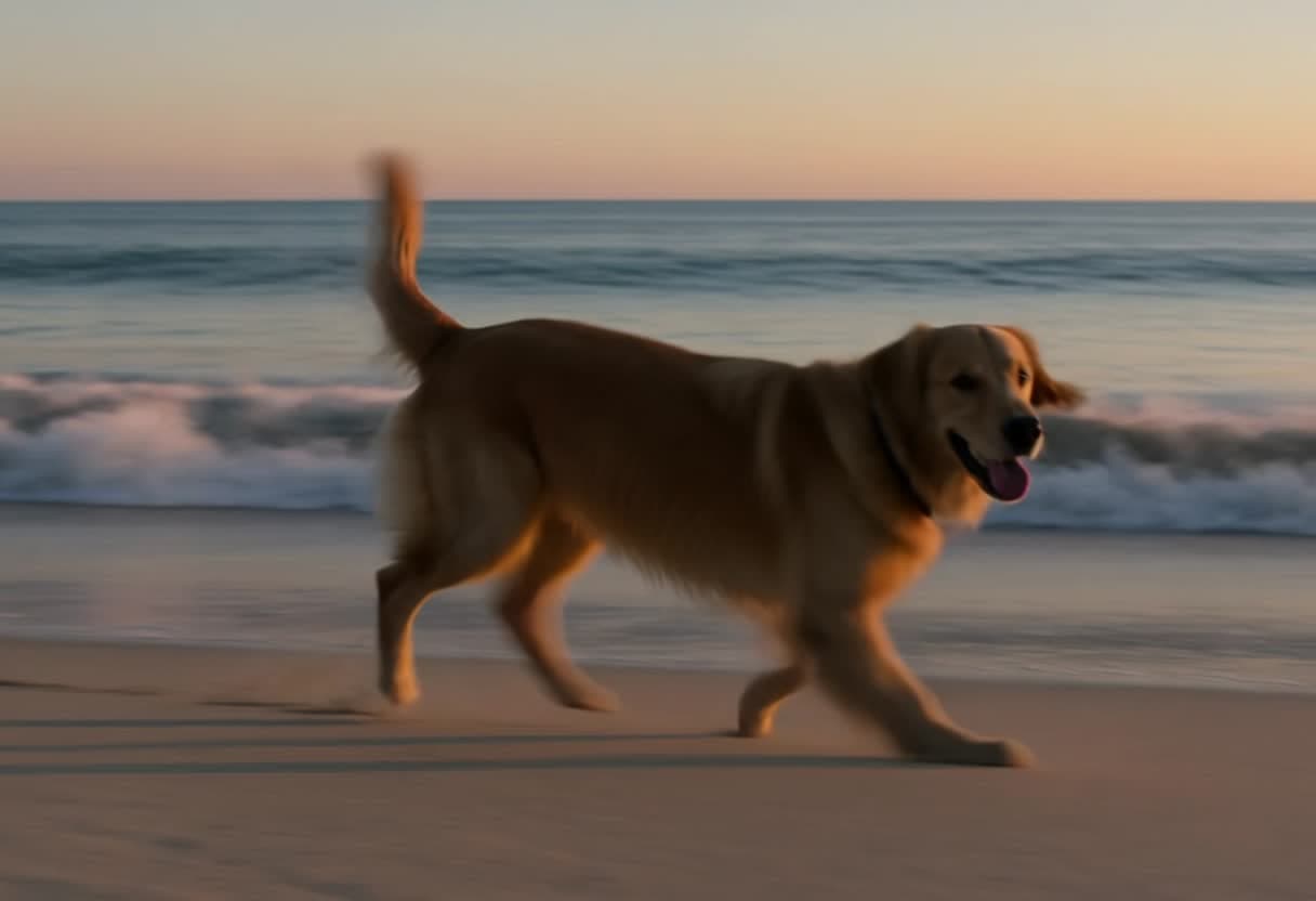 A golden retriever running along a beach at sunset, a frame from a Kling 4.0 clip