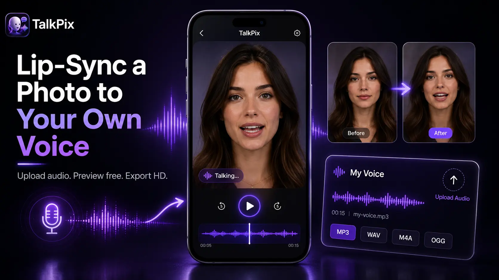 Using TalkPix to lip-sync a photo to an uploaded voice recording