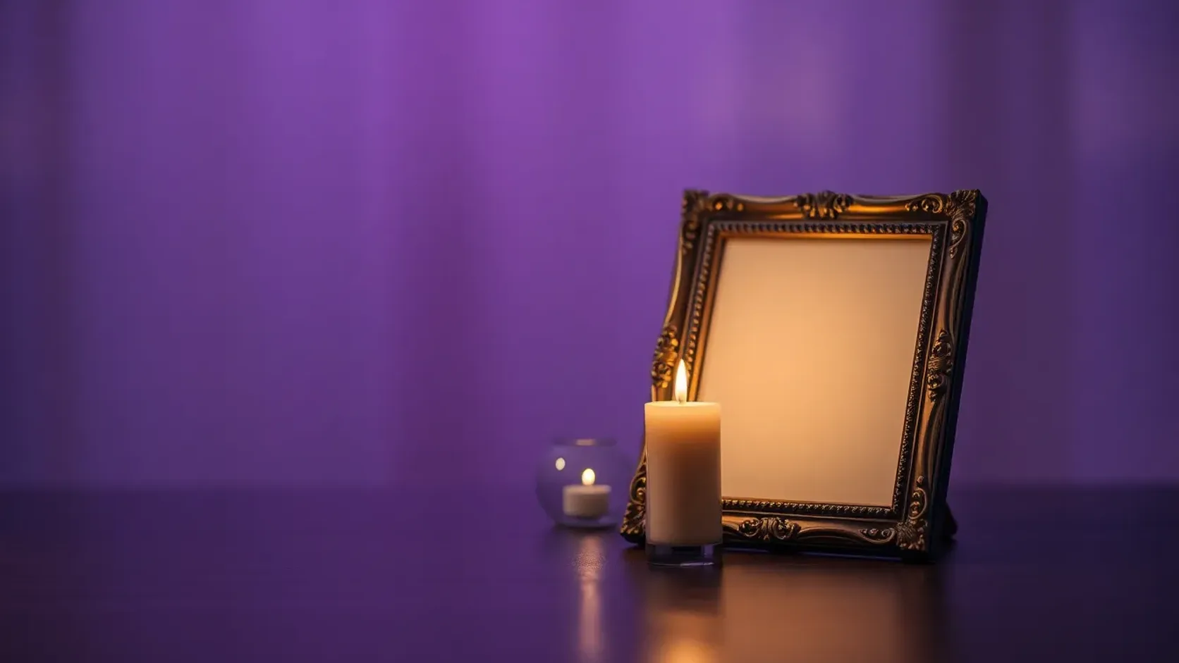 A softly glowing candle beside an empty photo frame — a gentle memorial keepsake for a loved one who passed, warm dignified light.