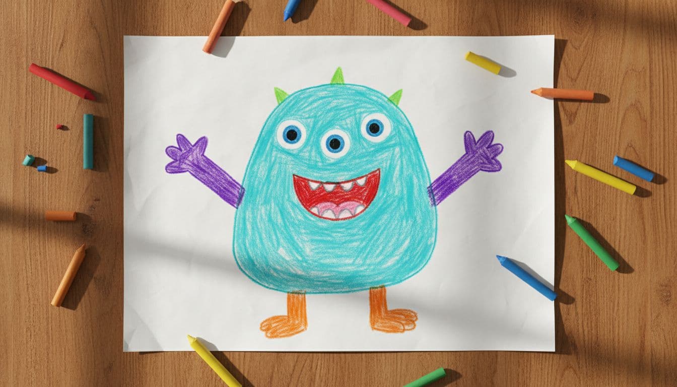 A child's colorful crayon drawing of a friendly monster on paper, surrounded by crayons