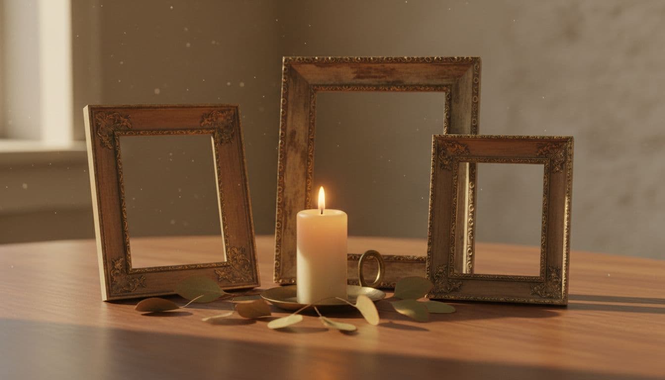 A quiet still life of three empty vintage picture frames on a walnut table beside a lit candle and dried eucalyptus in warm afternoon light