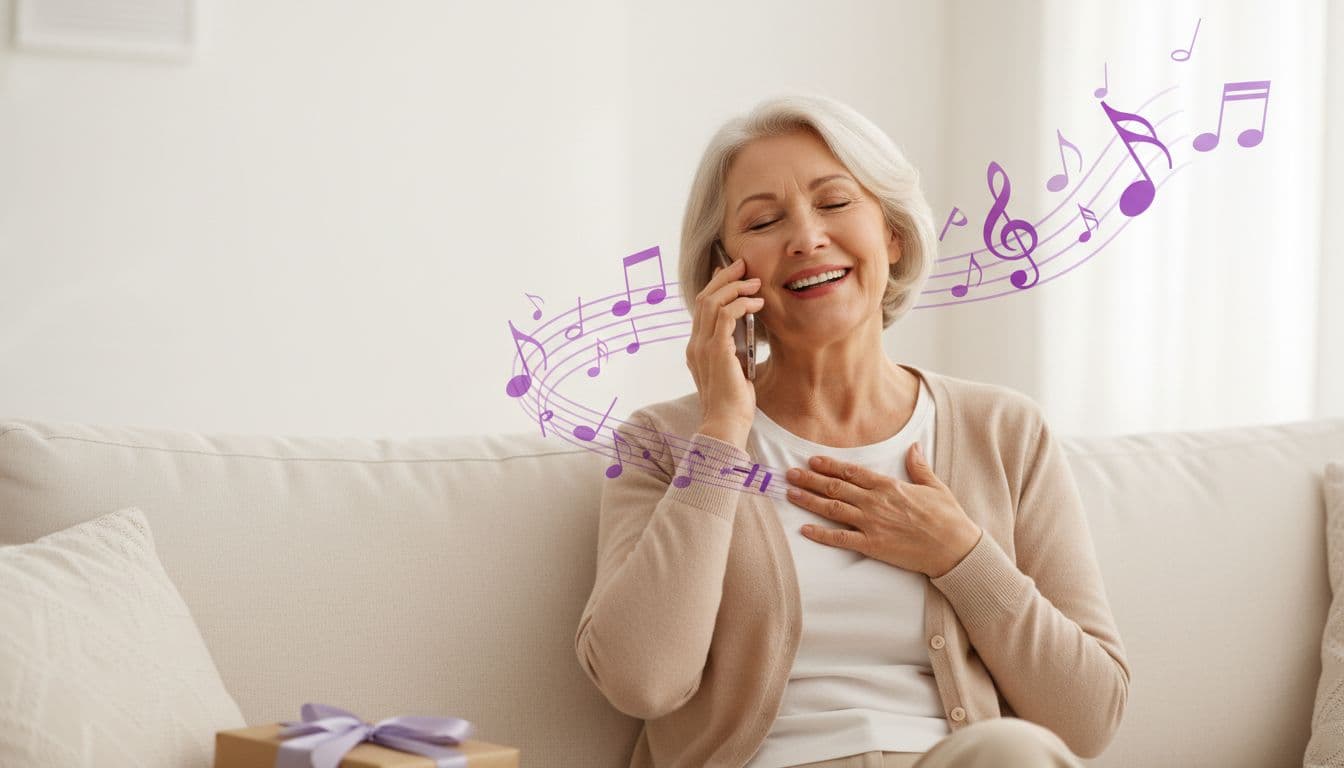 An older woman listening to a song on her phone, moved, with a wrapped gift beside her