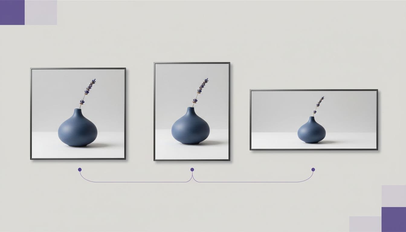A single product shown at square, portrait, and landscape crops on a clean studio background