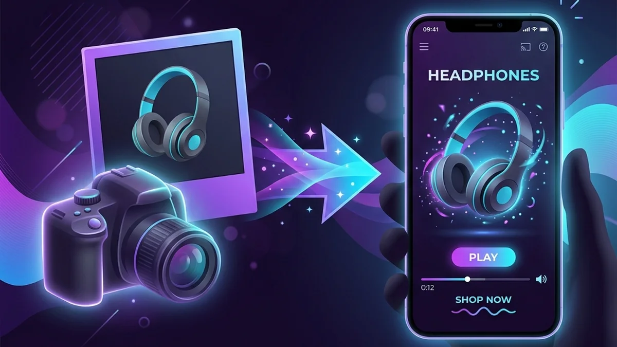 Camera transforming a headphones photo into a mobile phone video ad interface