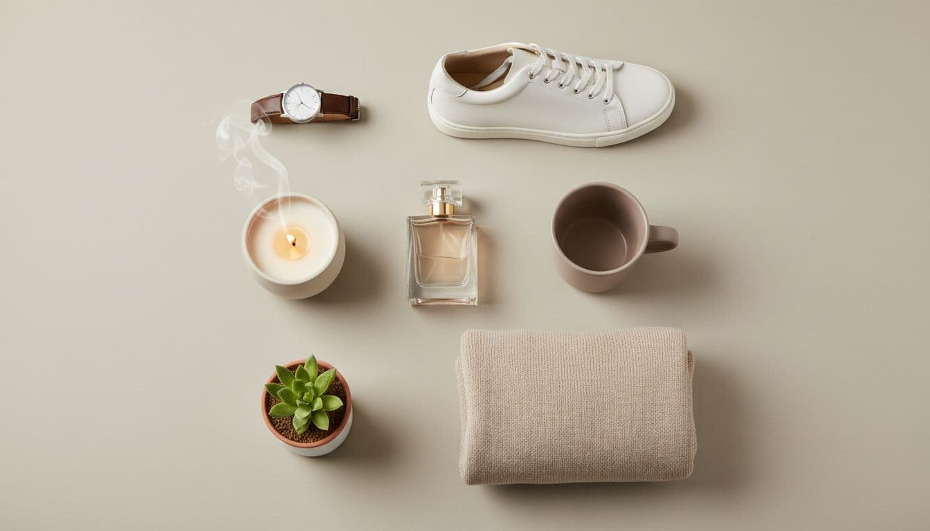 An overhead grid of varied products — a watch, a candle, a sneaker, a perfume bottle and a ceramic mug — each lit cleanly on a pale studio surface