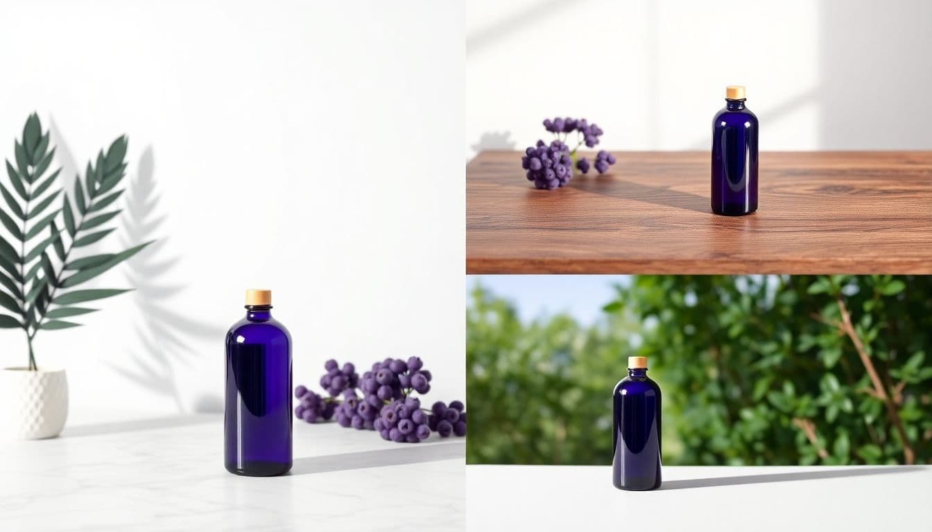 A single product bottle restaged into white, marble, studio, and lifestyle scenes on screen