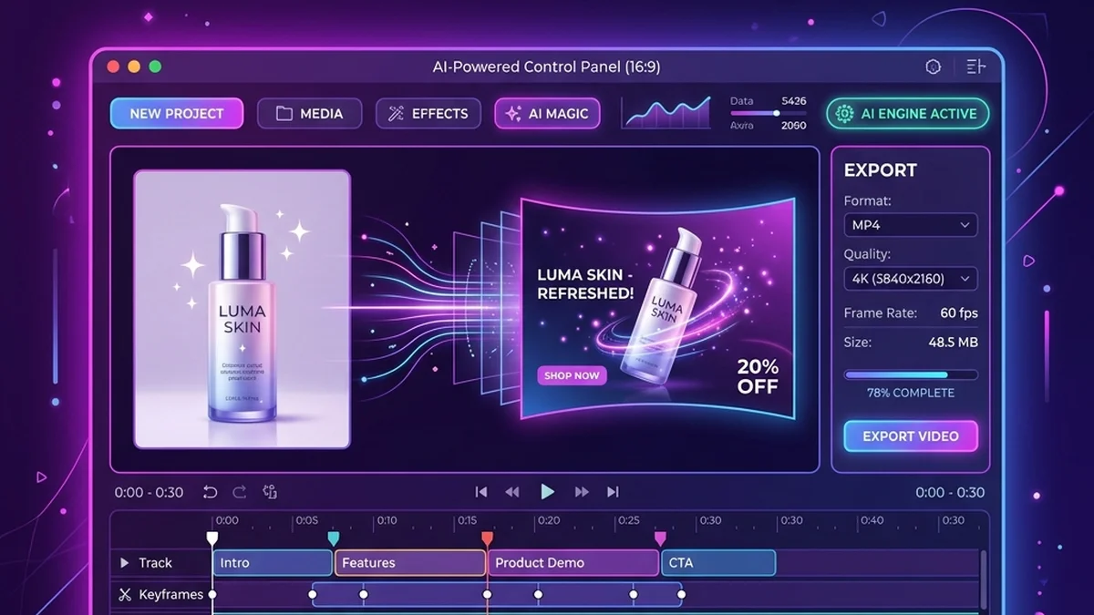 Product video ad generator editing dashboard transforming a product photo into video ad