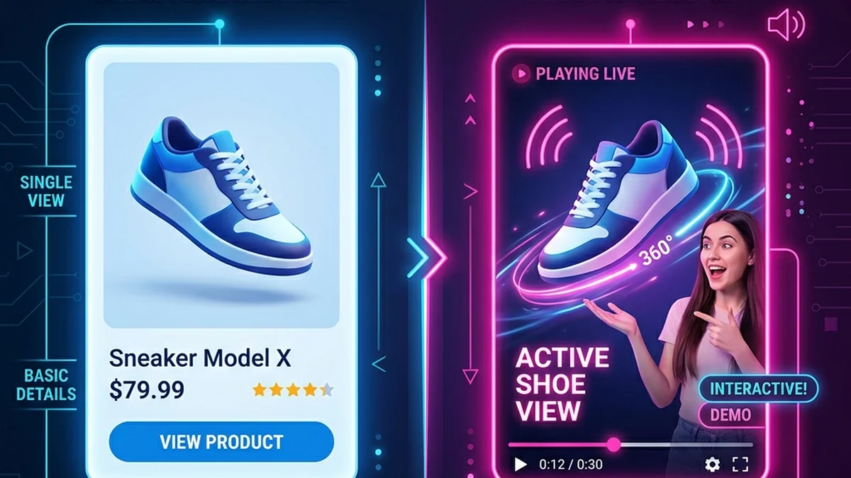 Split comparison layout demonstrating a static product image versus a dynamic product video ad