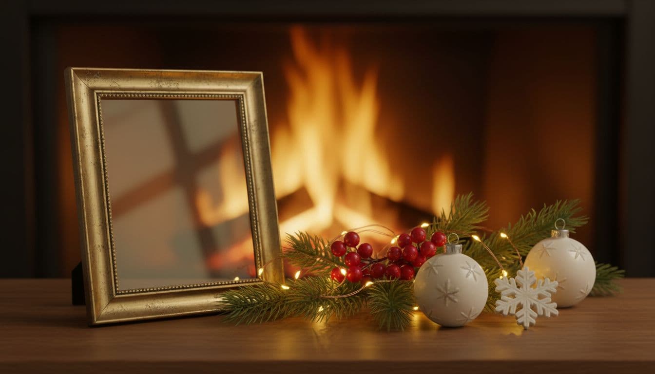 A cozy fireplace scene with a framed family photo and warm Christmas lights in soft focus