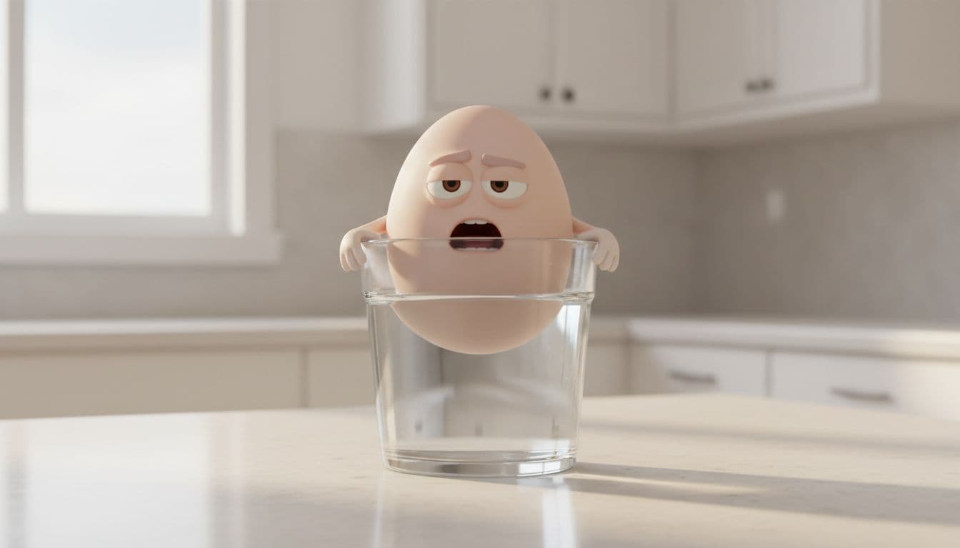 A 3D animated anthropomorphic egg doing the float test in a glass of water
