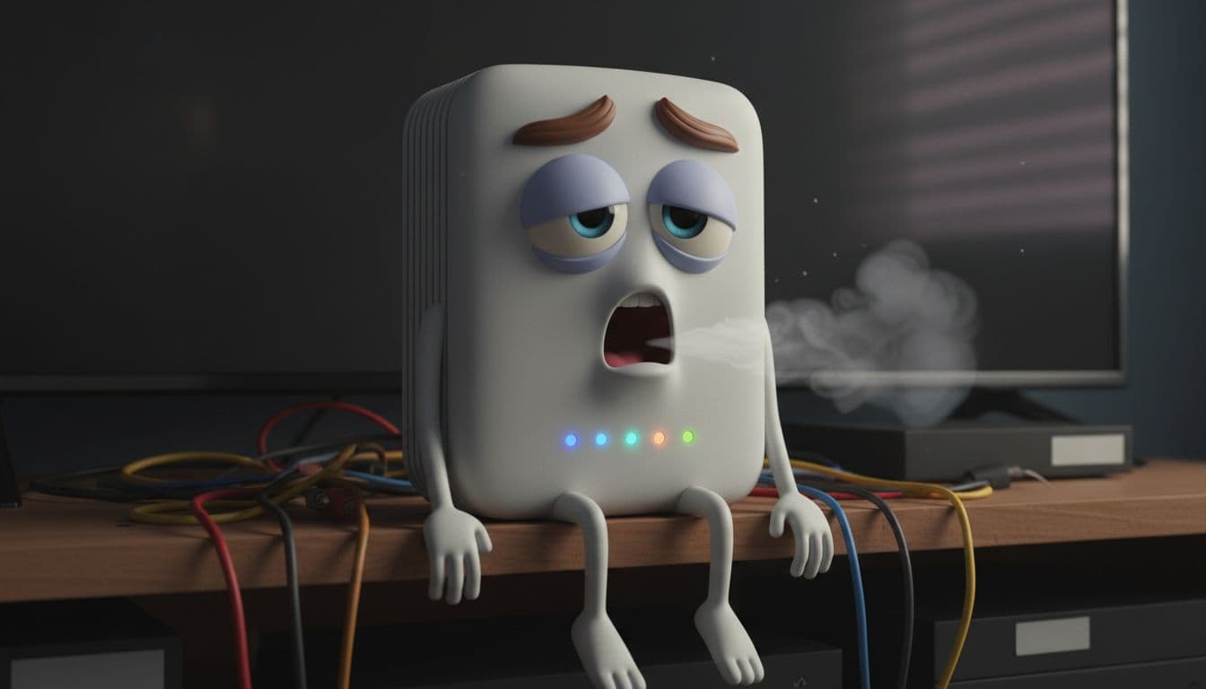 A 3D animated anthropomorphic Wi-Fi router sighing dramatically on a cluttered shelf