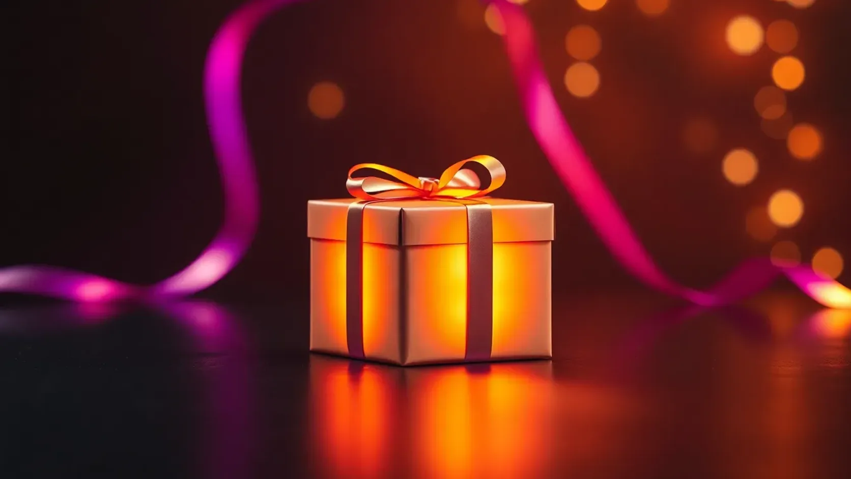 A glowing wrapped gift emitting a ribbon of light that forms a video frame — a personal talking photo gift, warm and celebratory.
