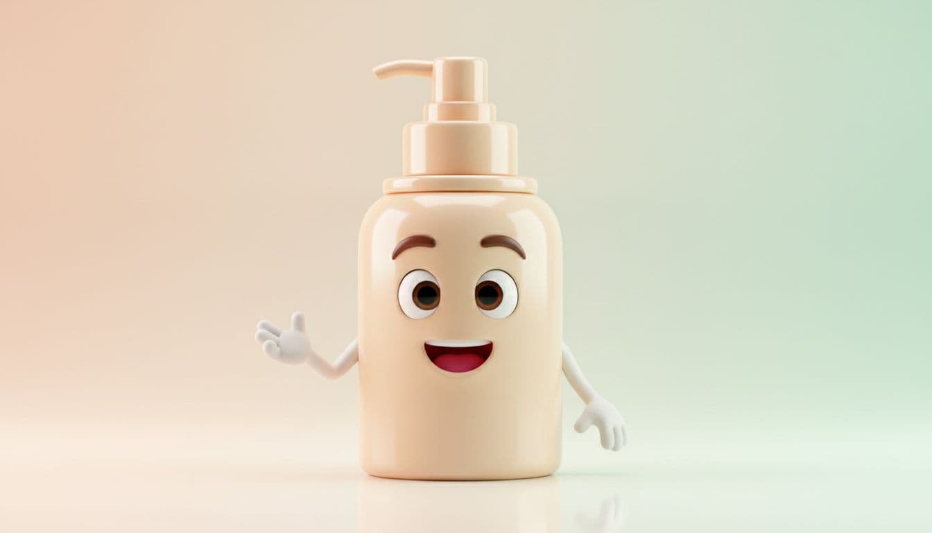 A glossy 3D animated skincare bottle character with big expressive eyes mid-sentence on a bright studio backdrop