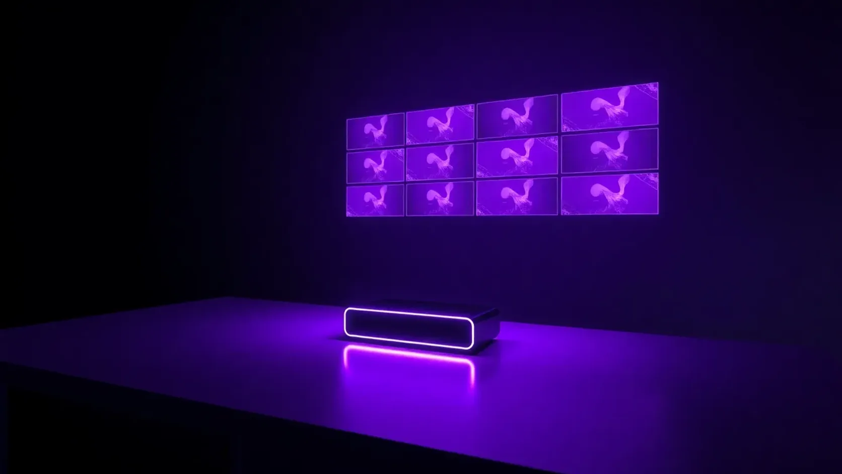 UGC agency alternative — a lean in-house AI ad-creative engine projecting video ads in a dark violet studio.