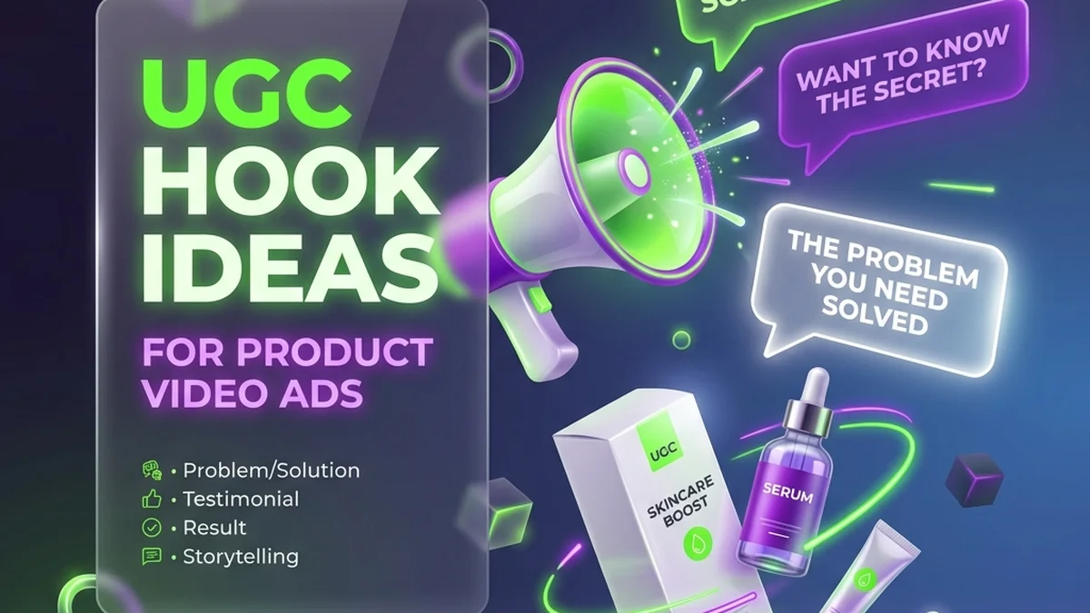 UGC hook ideas showing a megaphone and skincare product ads