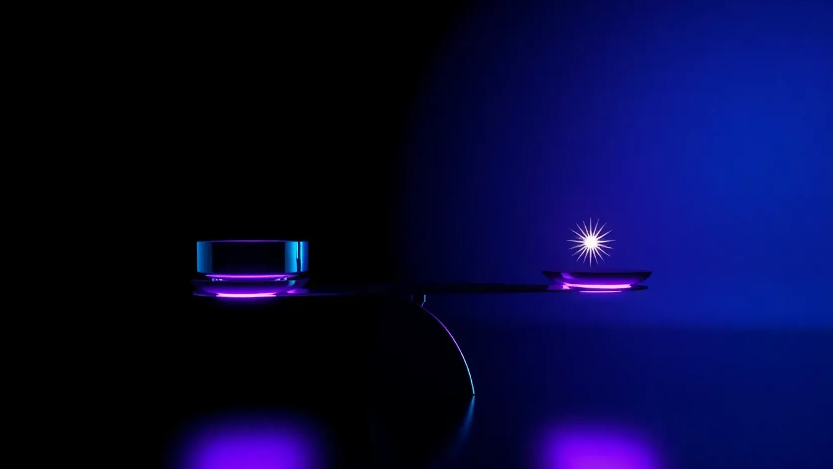 UGC video ad cost concept — a product photo weighed on a glowing balance of light in a dark violet studio.