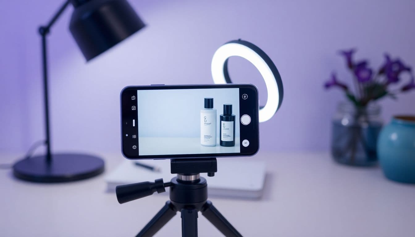 A smartphone showing a UGC-style product video ad next to a single product photo