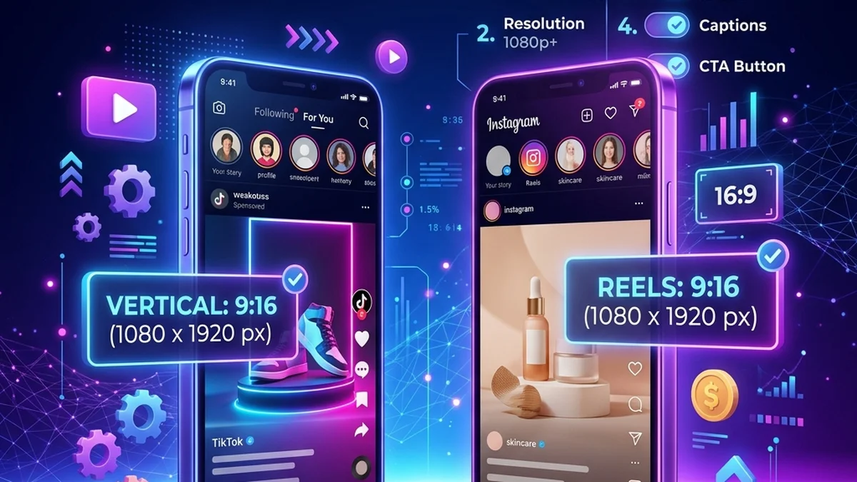 Video ad specs and layout checklists shown on two smartphone screens