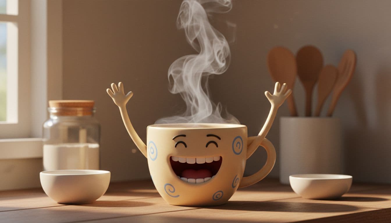 A cheerful 3D animated anthropomorphic coffee cup smiling with steam rising