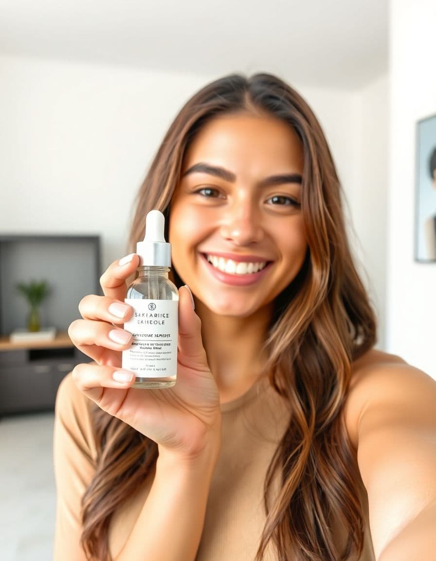 AI UGC creator holding a beauty & skincare product for a talking video ad