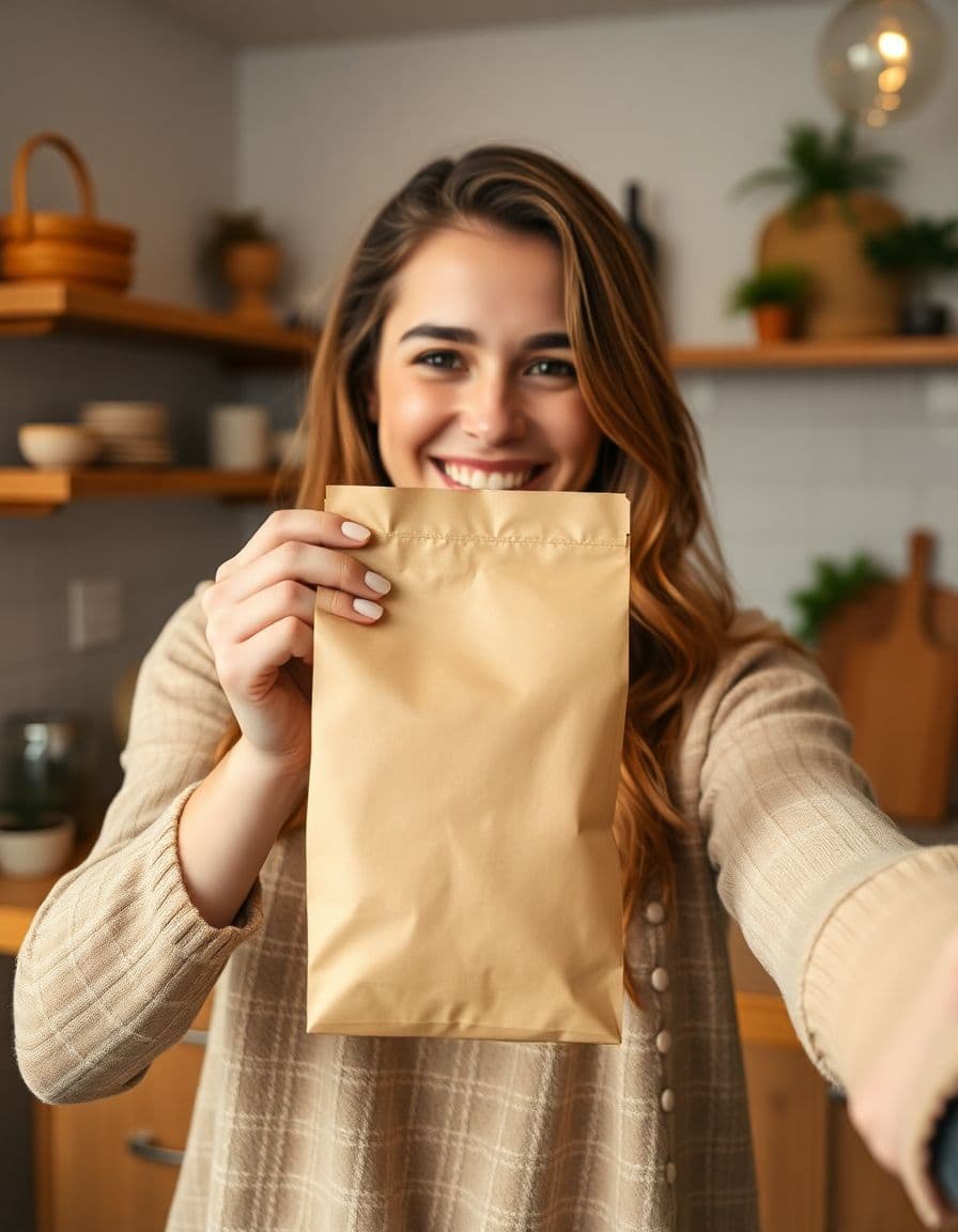 AI UGC creator holding a food & beverage product for a talking video ad