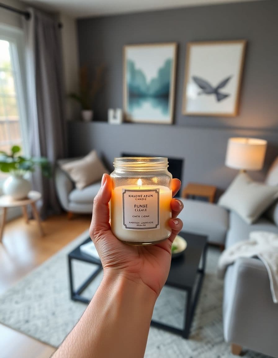 AI UGC creator holding a home & candles product for a talking video ad