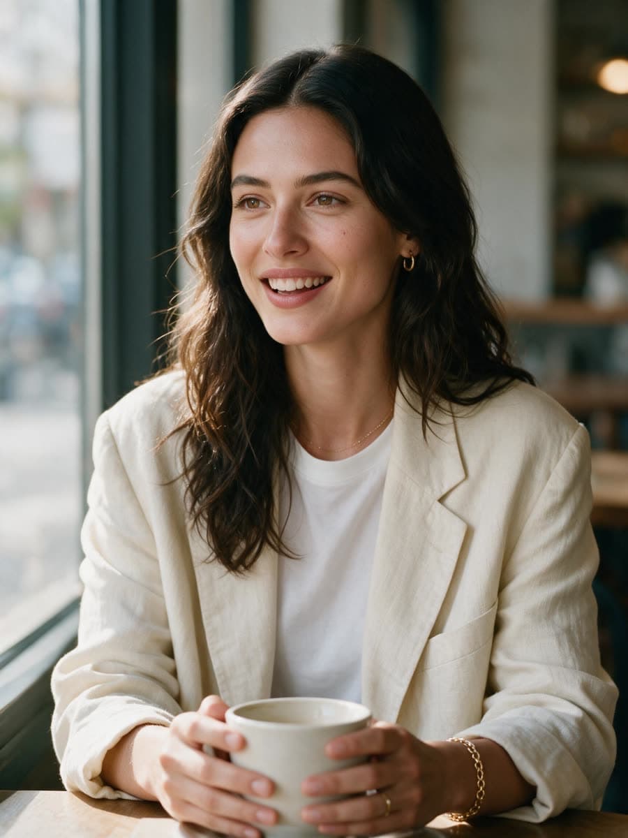 The same AI influencer sitting at a sunlit café table in a cream linen blazer, holding a coffee cup
