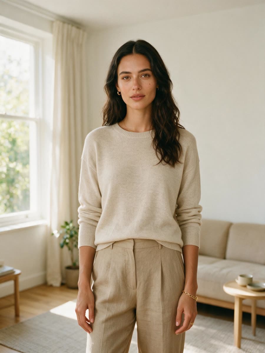 The saved AI influencer identity portrait: a woman in her late twenties with long dark wavy hair in a cream knit, standing in a sunlit room