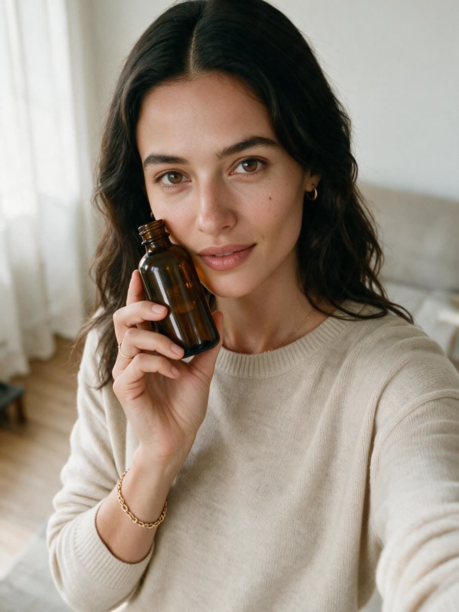 The same AI influencer holding an unbranded amber glass bottle beside her face, selfie framing